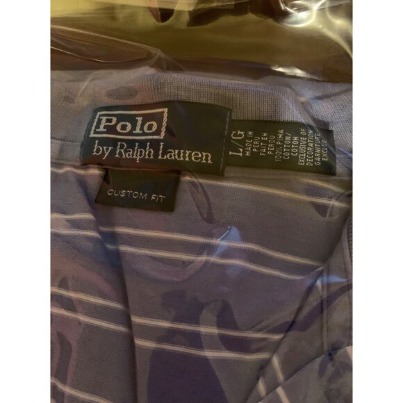 Polo by Ralph Lauren Mens L Blue White Striped Blue Medium Logo Custom Fit Polo - Picture 2 of 4